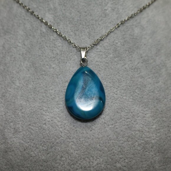 Blue Teardrop Stone Pendant Necklace – Polished Natural Look, Silver Chain - Picture 5 of 7